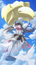  absurdres armpits balloon bird black_hair blue_sky bow breasts cloud cloudy_sky dove female floating floating_hair from_below green_eyes h@ne hat highres holding holding_balloon long_hair looking_at_viewer magia_record:_mahou_shoujo_madoka_magica_gaiden mahou_shoujo_madoka_magica mariko_ayaka red_bow sky solo soul_gem star_balloon teeth thick_eyebrows top_hat underboob upper_teeth_only 