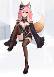  alternate_eye_color animal_ears black_footwear black_thighhighs blue_bow bow breasts detached_sleeves fate/extra fate/extra_ccc fate/grand_order fate_(series) female fox_ears fox_girl fox_tail hairbow hat high_heels highres large_breasts long_hair mini_hat mini_top_hat official_alternate_costume pink_hair red_eyes sleeves_past_fingers sleeves_past_wrists solo tail tamamo_(fate) tamamo_no_mae_(fate/extra) tamamo_no_mae_(sable_mage)_(fate) thighhighs top_hat twintails usagi_koneko 