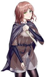  absurdres bad_id bad_pixiv_id black_cloak black_thighhighs breasts brown_hair brown_jacket chinese_commentary cloak cracked_skin dagger elden_ring feet_out_of_frame female green_eyes grey_eyes heterochromia highres holding holding_dagger holding_knife holding_weapon hood hood_down hooded_cloak jacket knife light_blush long_sleeves looking_at_viewer medium_hair melina_(elden_ring) one_smoke open_mouth pantyhose purple_cloak solo standing thighhighs unusually_open_eyes weapon white_background 