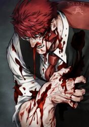  1boy bad_id bad_twitter_id black_vest blood blood_on_clothes blood_on_face clutching_chest cuts dated facial_hair glasses injury kekkai_sensen klaus_von_reinhertz male_focus mutton_chops necktie nosebleed open_mouth red_hair red_necktie shin_(sinsin12121) shirt solo sweat torn_clothes tusks upper_body veins vest white_shirt 