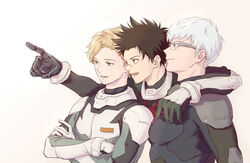  3boys :o aged_up arm_around_shoulder black_gloves blonde_hair blue_eyes bodysuit brown_eyes brown_hair charce_lacroix commentary_request crossed_arms glasses gloves green_eyes kanata_hoshijima kanata_no_astra looking_to_the_side male_focus mechanical_arms multiple_boys pointing scar simple_background single_mechanical_arm spoilers upper_body white_background white_gloves white_hair wryx zack_walker 