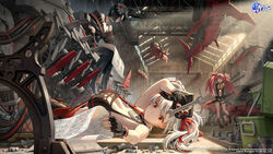  3girls :o absurdres azur_lane black_choker black_footwear black_gloves black_hair black_jacket blueprint_(object) boots breasts chains choker cleavage cross dirty fingerless_gloves gloves goggles goggles_on_head hair_over_one_eye hair_ribbon highres holding holding_torpedo holding_wrench horns indoors iron_cross jacket jewelry large_breasts lying machinery medium_breasts midriff multicolored_hair multiple_girls navel necklace non-humanoid_robot oerba_yun_fang official_art on_back pinakes prinz_adalbert_(azur_lane) red_eyes red_hair red_ribbon red_socks ribbon robot robot_animal robot_fish scaffolding science_fiction screwdriver second-party_source shark short_hair short_twintails shrug_(clothing) sitting socks streaked_hair sunlight sweat sweatdrop thigh_boots thighhighs tools torn_clothes torn_socks torpedo twintails two-tone_hair u-1206_(azur_lane) ulrich_von_hutten_(azur_lane) white_hair wrench 