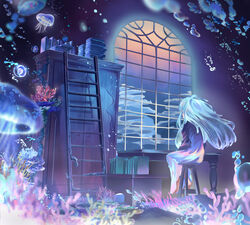  absurdres air_bubble animal arcaea barefoot blue_dress blue_hair book book_stack bubble cabinet coral dress fantasy female highres hikari_(arcaea) indoors jellyfish ladder light_blue_hair long_hair niza plant scenery sitting stool table tentacle_hair underwater water window 