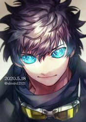  1boy black_hair blue_eyes collared_jacket dated glowing glowing_eyes goggles goggles_around_neck grey_background jacket kekkai_sensen leonardo_watch male_focus portrait shin_(sinsin12121) simple_background smile solo twitter_username 