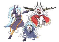  3girls accessory_connection animal_hood black_gloves blue_hair blush commentary_request cyclops_princess_(last_origin) dixie_cup_hat dragon_ball dragon_ball_z dress eyepatch flower flower_over_eye full_body gauntlets ginyu_force_pose gloves gothic_lolita group_pose hair_intakes hat highres hood korean_commentary last_origin light_blue_hair lolita_fashion long_hair lrl_(last_origin) mannungei mary_janes military_hat multiple_girls o3o open_mouth pantyhose parody pose print_eyepatch red_eyes red_flower red_rose rose sailor_collar sailor_dress sailor_hat shoes smile striped_clothes striped_pantyhose sweatdrop tachi_(artificial_hero) trait_connection twintails two_side_up very_long_hair white_background white_hair white_legwear yellow_eyes 