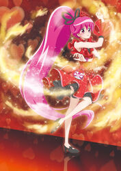  absurdly_long_hair aino_megumi asymmetrical_sleeves black_footwear commentary_request cure_lovely cure_lovely_(cherry_flamenco) detached_sleeves dress female floating_hair full_body hair_between_eyes hair_ornament happinesscharge_precure! high_heels layered_dress long_hair looking_at_viewer nita_(onakatohoppe) pink_hair precure pumps red_dress red_eyes red_sleeves red_wrist_cuffs short_sleeves sleeveless sleeveless_dress solo standing standing_on_one_leg uneven_sleeves very_long_hair wrist_cuffs wristband 