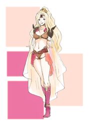  armor bikini_armor blonde_hair breasts cape female final_fantasy final_fantasy_iv green_eyes highres long_hair looking_at_viewer navel ponytail rosa_farrell shoulder_armor smile solo toutoumi 