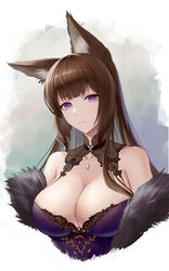  absurdres amagi_(azur_lane) amagi_(red_kite_respite)_(azur_lane) animal_ears azur_lane bare_shoulders blunt_bangs breasts brown_hair cleavage cropped_torso dress eyeshadow female fox_ears fox_girl frozen-sad fur_trim highres hikimayu jewelry lace-trimmed_dress lace_trim large_breasts long_hair looking_at_viewer makeup necklace official_alternate_costume parted_lips purple_dress purple_eyes red_eyeshadow signature solo upper_body 