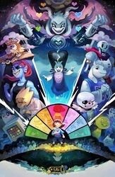  alphys arthropod_girl asgore_dreemurr asriel_dreemurr commentary crown english_commentary everyone evil_smile extra_arms extra_eyes fangs flowey_(undertale) frisk_(undertale) furry furry_male glasses goat_horns heart highres hood hoodie horns looking_at_viewer mettaton mettaton_(box) mini_crown monster_girl monster_kid_(undertale) muffet napstablook onemegawatt papyrus_(undertale) sans_(undertale) scarf sharp_teeth shorts smile spider_girl spoilers teeth toriel undertale undyne 