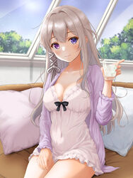  absurdres alcohol azur_lane blonde_hair blue_eyes blush breasts ca_paria cleavage collarbone commentary_request couch covered_navel cup day female frills hand_up heterochromia highres holding holding_cup indoors jacket large_breasts long_hair long_sleeves looking_at_viewer md5_mismatch murmansk_(azur_lane) murmansk_(sceneries_of_pure_snow)_(azur_lane) nightgown official_alternate_costume open_clothes open_jacket pillow purple_eyes purple_jacket sitting smile solo tree vodka white_nightgown window 