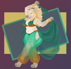  anklet anthro belly_dancer big_breasts blonde_hair bones_(deermary) bra bracelet breasts clothed clothing dancing deermary female hair harem_outfit hi_res hyena jewelry leucistic long_hair mammal navel paws ring_(jewelry) slightly_chubby slightly_chubby_female solo spots spotted_hyena thick_thighs tongue tongue_out translucent translucent_clothing underwear yellow_eyes 