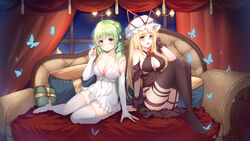  2girls :d arm_support black_dress black_legwear blonde_hair blue_eyes blush breasts bug butterfly cleavage curtains dress frog_hair_ornament green_hair hair_ornament hair_tubes hand_up hat highres indoors kochiya_sanae large_breasts light_smile long_hair looking_at_viewer mob_cap multiple_girls muyue night night_sky open_mouth purple_eyes sky smile snake_hair_ornament thighhighs touhou white_dress white_legwear window wrist_cuffs yakumo_yukari 