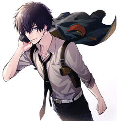  1boy belt black_hair black_necktie brown_hair cigarette clenched_hand collar_x_malice gun holster jacket looking_at_viewer male_focus mouth_hold necktie ouka_mai pants shirt shoulder_holster smoking unworn_jacket weapon white_background white_shirt yanagi_aiji 