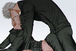  2boys arched_back ass black_hair black_jacket black_pants blush french_kiss fushiguro_megumi fushirun_rung gojou_satoru grabbing grabbing_from_behind head_back highres jacket jujutsu_kaisen kissing korean_commentary long_sleeves male_focus multiple_boys pants saliva school_uniform short_hair simple_background spiked_hair sweatdrop upside-down_kiss white_hair yaoi 