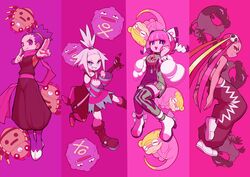  4girls bear_ringer bike_shorts boots clenched_hands closed_mouth commentary dark-skinned_female dark_skin dress galarian_slowpoke grin hair_bobbles hair_ornament hairband hands_up highres janine_(pokemon) klara_(pokemon) koffing looking_back mole mole_under_mouth multicolored_hair multiple_girls pants pink_hair plumeria_(pokemon) pokemon pokemon_(creature) pokemon_bw2 pokemon_hgss pokemon_sm pokemon_swsh purple_eyes purple_hair quad_tails roxie_(pokemon) salandit scarf shirt shoes short_dress shorts smile spinarak striped_clothes striped_dress thighhighs tied_hair topknot white_footwear white_hair white_hairband wristband 