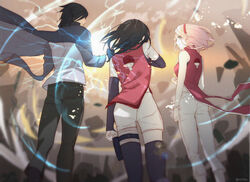  1boy 2girls action age_difference bare_arms bare_shoulders black_gloves black_hair black_pants black_sleeves blurry blurry_foreground boruto:_naruto_next_generations bracelet breasts chidori_(naruto) clenched_hand commentary detached_sleeves electricity electrokinesis energy family father_and_daughter feet_out_of_frame fingerless_gloves floating_hair from_behind from_below gloves glowing grey_shirt hairband height_difference highres husband_and_wife jacket jewelry long_hair long_sleeves magic medium_breasts mother_and_daughter multiple_girls naruto_(series) niku_(ni23ku) ninja outdoors pants pink_hair red_hairband red_jacket sakura_haruno shirt short_hair short_shorts shorts sleeveless sleeveless_jacket symbol-only_commentary twitter_username uchiha_sarada uchiha_sasuke uchiha_symbol vest white_pants white_shorts white_vest 