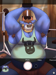  2021 alfredblaze anthro armpit_hair belly blue_body blush body_hair bottomwear bovid bovine cattle clothing english_text exercise hi_res male mammal musclegut muscular overweight overweight_anthro overweight_male shirt shorts solo text topwear workout 