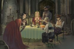  3boys 3girls adella_the_nun arianna_(bloodborne) black_hair blonde_hair bloodborne breasts cake cloak cup food grey_hair hat hunter_(bloodborne) lonely_old_woman_(bloodborne) mask multiple_boys multiple_girls oedon_chapel_dweller onigawara_(kiki) skeptical_man_(bloodborne) teacup teapot tricorne 