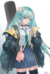  blue_eyes blue_hair bubble_tea choker cowboy_shot cup disposable_cup drinking drinking_straw female guitar_case hair_between_eyes hatsune_miku heart holding holding_cup instrument_case jacket long_hair long_sleeves looking_at_viewer open_clothes open_jacket qie school_uniform simple_background skirt solo standing thighhighs twintails vocaloid white_background zettai_ryouiki 