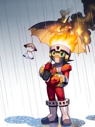  1boy black_hair black_umbrella bodysuit boots burning commentary_request cosplay double_soul_(mega_man) fire fireman.exe fireman.exe_(cosplay) full_body gloves green_eyes grey_background grey_footwear holding holding_umbrella looking_to_the_side looking_up male_focus mask mega_man_(series) mega_man_battle_network_(series) mega_man_battle_network_4 megaman.exe napo netnavi outdoors rain red_bodysuit red_gloves short_hair simple_background smoke solo standing teruterubouzu umbrella virus_(mega_man) weather_(mega_man) 