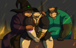  2020 alfredblaze american_black_bear anthro arctodus bear black_bear black_body black_fur bottomwear chuck_(alfredblaze) clothing costume fur group halloween halloween_costume hank_(alfredblaze) hat headgear headwear holidays humanoid_hands kermode_bear male mammal overweight overweight_male roy_blake shirt short-faced_bear shorts sitting spectacled_bear topwear ursine wizard_hat 