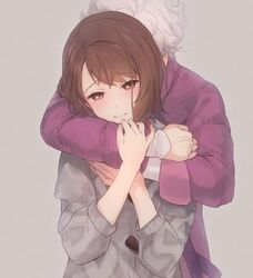  1boy bede_(pokemon) blush brown_eyes brown_hair cardigan closed_mouth commentary couple curly_hair female gloria_(pokemon) hug hug_from_behind jacket long_sleeves pokemon pokemon_swsh short_hair straight white_hair yuuna_minato 