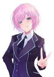  :q absurdres black_necktie blue_eyes blush closed_mouth collared_shirt commentary female head_tilt highres jacket long_sleeves looking_at_viewer necktie nijisanji pink_hair purple_jacket shirt short_hair simple_background smile solo tongue tongue_out upper_body v virtual_youtuber white_background white_shirt yuki_maccha_(yukimattya10) yuuhi_riri yuuhi_riri_(1st_costume) 