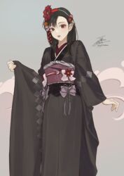  adapted_costume black_hair black_kimono fadingz feet_out_of_frame female final_fantasy final_fantasy_vii final_fantasy_vii_remake flower grey_background hair_behind_ear hair_flower hair_ornament highres japanese_clothes kimono lips long_hair long_sleeves looking_at_viewer obi official_alternate_costume parted_lips red_eyes red_flower red_lips sash signature solo tifa_lockhart tifa_lockhart_(exotic_dress) wide_sleeves 