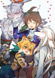  2boys 2girls absurdres ahoge alk_(world_flipper) armband blush breasts cat_girl cat_tail drooling fox_girl furry furry_female furry_male headpat heart heart-shaped_pupils heavy_breathing helga_(world_flipper) highres hug mia_(world_flipper) multiple_boys multiple_girls muscular nimbus_(world_flipper) shorts spoken_heart striped_fur striped_tail suurin_(ksyaro) symbol-shaped_pupils tail tongue tongue_out world_flipper 