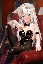  ahoge animal_ear_fluff animal_ears arm_garter black_footwear black_leotard black_pantyhose blurry blurry_background blush boots braid breasts commentary_request couch detached_collar earrings ears_down female fox_ears fox_girl green_eyes hair_between_eyes highres hololive indoors jewelry knee_up leotard long_hair looking_at_viewer open_mouth pantyhose playboy_bunny shirai_yu shirakami_fubuki sidelocks single_braid sitting small_breasts solo thigh_boots virtual_youtuber white_hair wrist_cuffs 