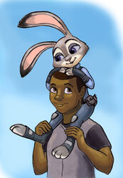  anthro blue_background brown_eyes brown_hair carrying_another clothing dark_body dark_skin disney duo female fur grey_body grey_clothing grey_fur grey_hoodie grey_topwear hair hand_on_head hoodie human judy_hopps lagomorph leporid male mammal piggyback police police_uniform purple_eyes quentin_(zylo24) rabbit resting self_insert simple_background smile topwear uniform zdrer456 zootopia 