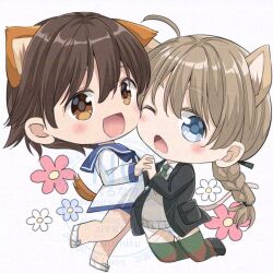  2girls animal_ears blue_eyes blush braid brown_hair chibi flour long_hair lynette_bishop military military_uniform miyafuji_yoshika multiple_girls naruchisukisuki no_pants one_eye_closed open_mouth short_hair simple_background strike_witches striped_clothes tail white_background world_witches_series 