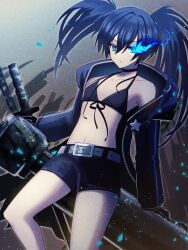  absurdres belt bikini bikini_top_only black_coat black_hair black_rock_shooter black_rock_shooter_(character) black_shorts blue_eyes coat female flaming_eye glowing glowing_eye highres long_hair no_shirt open_clothes open_coat pale_skin rock_cannon shorts swimsuit sword tsumurimai twintails uneven_twintails weapon 