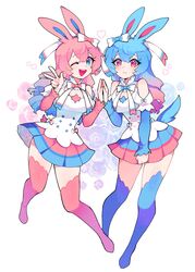  absolute_territory animal_ears bangs barefoot big_breasts blue_bow blue_button blue_clothing blue_eyes blue_gloves blue_hair blue_inner_ear blue_skirt blue_tail blue_thighhighs bow breasts centered_hair_bow ciosuii cleavage clothed clothing cosplay detached_sleeves dress drill_curls drill_hair duo eeveelution elbow_gloves expressionless eyebrows_visible_through_hair eyelashes female female_focus female_only full_body gloves gradient_hair hair_accessory hair_between_eyes hairbow heart_cleavage_cutout heart_cutout hi_res humanized humanoid large_ears long_hair medium_breasts multicolored_clothes multicolored_hair neck_bow nintendo one_eye_closed open_mouth peace_sign personification pink_bow pink_button pink_clothing pink_eyes pink_gloves pink_hair pink_inner_ear pink_skirt pink_tail pink_thighhighs pok&eacute;mon_(species) pokemon pokemon_ears puffy_short_sleeves puffy_sleeves shiny_pokemon shiny_sylveon short_sleeves smile standing standing_on_one_leg sylveon sylveon_(cosplay) thighs two_tone_hair upper_teeth v v_sign white_bow white_clothing white_dress zettai_ryouiki 