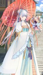  anastasia_(dream_portrait)_(fate) anastasia_(fate) blue_eyes blush breasts chinese_clothes doll double_bun dress earrings fate/grand_order fate_(series) female flower grey_hair hair_bun hair_flower hair_ornament hair_over_one_eye hairband hanfu jewelry large_breasts long_dress long_hair looking_at_viewer official_art oil-paper_umbrella qixiong_ruqun sime_(echo) smile umbrella very_long_hair viy_(fate) white_hair wide_sleeves 