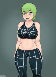  1girls ahe_gao atroe belly belly_button blue_eyes blush canodiablo_editor cleavage clothed clothing edit eyebrows_visible_through_hair female female_only foo_fighters fully_clothed g3mma green_hair jojo&#039;s_bizarre_adventure jolyne_kujo_(cosplay) open_mouth sfw simple_background solo stone_ocean sweatdrop thick_thighs tongue tongue_out watermark 