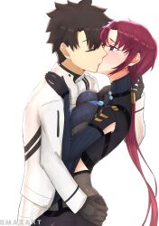  1boy bazett_fraga_mcremitz black_gloves black_hair breasts closed_eyes commission commissioner_upload emaxart fate/grand_order fate/hollow_ataraxia fate_(series) female fujimaru_ritsuka_(male) fujimaru_ritsuka_(male)_(decisive_battle_chaldea_uniform) gloves hand_on_another&#039;s_ass highres kissing long_hair red_hair second-party_source short_hair tagme 