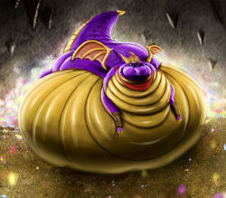  2021 activision ascot belly big_belly claws dragon european_mythology eyewear eyewear_on_head fangs feral goggles goggles_on_head horn huge_belly hyper hyper_belly ian-exe immobile lying male mostly_nude mouth_closed mythological_creature mythological_scalie mythology nude on_front raised_tail scales scalie signature smile solo spyro spyro_the_dragon tail teeth thick_tail western_dragon wings 