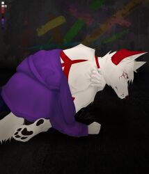  absurd_res anthro arkdoggo arkdoggo_(character) berger_blanc_suisse blood blood_on_face bodily_fluids bottomwear canid canine canis clothing color_swatch concrete_floor concrete_wall crying crying_blood denim denim_bottomwear denim_clothing domestic_dog ear_markings fist fur graffiti graffiti_on_wall gripping_shoulder herding_dog hi_res hoodie huge_filesize humanoid_hands inner_ear_fluff jeans kneeling male mammal markings painting_(artwork) pants pastoral_dog pawpads paws pulling_skin red_body red_fur red_patterns signature solo tail tears topwear tuft wall_(structure) white_body white_fur 