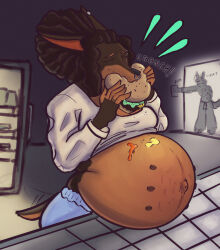  2026 anthro barbell_piercing belly belly_nipples big_belly breasts brown_body brown_fur brown_hair burger canid canine canis clothing dobermann domestic_dog duo ear_piercing ear_ring eating eyebrow_barbell eyebrow_piercing facial_piercing female food footwear fur hair hi_res male mammal merci_(moscoviumdraws) moscoviumdraws multi_nipple navel nipples nose_piercing nose_ring outie_navel piercing pinscher pregnant pregnant_anthro pregnant_female ring_piercing septum_piercing septum_ring solo_focus 