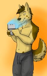  5:8 anthro bottomwear brown_body brown_fur brown_tail canid canine canis clothed clothing domestic_dog facial_spots front_view fur german_shepherd glistening glistening_eyes grey_bottomwear grey_clothing grey_pants herding_dog hi_res holding_nintendo_ds hufnaar male male_anthro mammal markings mouth_closed nintendo nintendo_ds nintendo_ds_family pants pastoral_dog portrait reirun slim_anthro slim_male solo spots spotted_face spotted_markings spotted_tail standing tail tail_markings tan_body tan_fur tan_tail three-quarter_portrait topless yellow_eyes 