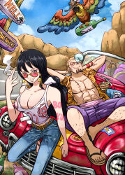  1boy aged_down apple7apo arms_behind_head bird black_hair blonde_hair bottle camisole car cigarette commentary denim earrings eyelashes female glasses hat holding holding_cigarette jeans jewelry leg_hair long_hair lying motor_vehicle on_back on_car one_piece pants parrot purple_shorts road sandals sash shakuyaku_(one_piece) shorts silvers_rayleigh smile snake_earrings squeans stitched_torso stitches sunglasses tank_top twitter_username 