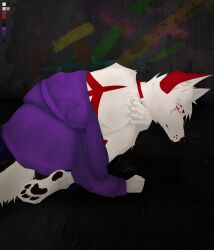  absurd_res anthro arkdoggo arkdoggo_(character) berger_blanc_suisse blood blood_on_face bodily_fluids bottomwear canid canine canis clothing color_swatch concrete_floor concrete_wall crying crying_blood denim denim_bottomwear denim_clothing domestic_dog ear_markings fist fur graffiti graffiti_on_wall gripping_shoulder herding_dog hi_res hoodie huge_filesize humanoid_hands inner_ear_fluff jeans kneeling male mammal markings painting_(artwork) pants pastoral_dog pawpads paws pulling_skin red_body red_fur red_patterns signature solo tail tears topwear tuft wall_(structure) white_body white_fur 