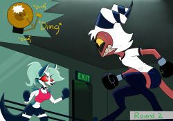  2024 absolute_territory angry anthro bell big_breasts black_bottomwear black_clothing black_shorts blood blue_bottomwear blue_clothing blue_shorts bodily_fluids bottomwear boxing boxing_gloves breasts canid canid_demon canine cleavage clenched_teeth clothed clothing collar demon ding duo exit_sign female fight fighting_ring fur grey_hair hair handwear hellaverse hellhound helluva_boss horn humanoid imp legwear loona_(helluva_boss) low-angle_view male mammal moxxie_(helluva_boss) mythological_canine mythological_creature mythology nosebleed pink_clothing pink_shirt pink_tank_top pink_topwear red_body red_sclera red_skin scuff_marks shirt shorts spiked_collar spikes sport starpaintart striped_horn stripes sweat t-shirt tail tank_top teeth thigh_highs topwear white_body white_clothing white_eyes white_fur white_hair white_shirt white_t-shirt white_topwear yellow_sclera 