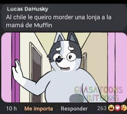  anthro australian_cattle_dog bluey_(series) canid canine canis cattledog curimeme domestic_dog fur grey_body grey_fur grey_hair hair herding_dog low_res male mammal pastoral_dog screencap solo spanish_text text trixie_heeler un.fan.de.blueyxd watermark 