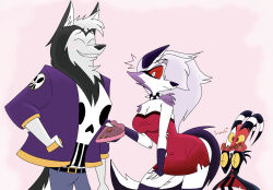  2024 adopted_(lore) adopted_daughter_(lore) adoptive_father_(lore) anthro bare_shoulders big_breasts blitzo_(helluva_boss) blue_bottomwear blue_clothing blue_jeans blue_pants blush bottomwear box_of_chocolates breasts candy canid canid_demon canine chocolate chocolate_on_face cleavage closed_eyes clothed clothed_female clothed_male clothing cocktail_dress collar covering covering_face demon denim denim_bottomwear denim_clothing dessert dress eating eating_chocolate emanata empty_box female female_anthro food fur grey_body grey_fur grin group hair hair_over_eye hand_in_pocket heart_box hellaverse hellhound helluva_boss holidays horn humanoid imp jacket jeans long_hair loona_(helluva_boss) male male_anthro male_humanoid mammal markings mythological_canine mythological_creature mythology pants pink_background pinklie_(helluva_boss) pockets pupils purple_clothing purple_jacket purple_topwear red_body red_clothing red_dress red_eyes red_sclera red_skin simple_background skull_shirt slit_pupils smile spiked_collar spikes starpaintart strapless_clothing strapless_dress striped_horn stripes tail topwear trio valentine's_day white_body white_eyes white_fur white_hair white_markings wide_hips yellow_sclera 