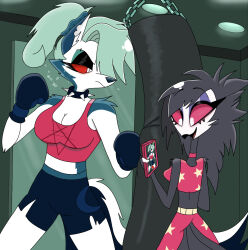  2024 anthro avian avian_demon beak bird black_body black_bottomwear black_clothing black_feathers black_shorts bodily_fluids bottomwear boxing_gloves breasts canid canid_demon canine cellphone choker cleavage clothed clothing collar confusing_perspective demon duo electronics eyeshadow feather_hair feathers female fur grey_body grey_fur handwear hellaverse hellhound helluva_boss holding_cellphone holding_object holding_phone holding_smartphone inside jewelry loona_(helluva_boss) makeup mammal midriff mirror mythological_canine mythological_creature mythology necklace octavia_(helluva_boss) open_mouth open_smile owl owl_demon phone pink_clothing pink_sclera pseudo_hair punch punching_bag pupils recording_video red_clothing red_sclera red_shirt red_tank_top red_topwear shirt shorts slit_pupils smartphone smile spiked_collar spikes star_pattern starpaintart sweat tail tail_feathers tank_top topwear white_body white_eyes white_face white_fur 
