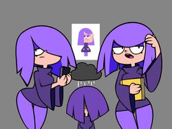  black_eyes duolingo emo emo_girl light-skinned_female lily_(duolingo) metuloser404 purple_eyeshadow purple_hair purple_pants purple_sweater 