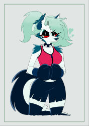  2024 absolute_territory anthro big_breasts black_bottomwear black_clothing black_eyeshadow black_shorts border bottomwear boxing_attire boxing_gloves breasts canid canid_demon canine cleavage clothed clothing collar demon eyeshadow female fur green_hair hair handwear heart_symbol hellaverse hellhound helluva_boss hi_res legwear loona_(helluva_boss) makeup mammal midriff mythological_canine mythological_creature mythology notched_ear ponytail portrait pose pupils red_clothing red_sclera red_topwear shorts simple_background slit_pupils solo spiked_collar spikes starpaintart tail thigh_highs three-quarter_portrait topwear white_body white_eyes white_fur 
