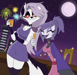  2024 :3 anthro ashtray avian avian_demon bird breasts building canid canid_demon canine choker cigarette cleavage closed_eyes clothed clothing collar container cup demon dress drinking_glass duo eyeshadow feather_hair feathers female fingerless_gloves fireworks full_moon fur glass glass_container glass_cup gloves grey_body grey_fur grey_hair hair handwear hellaverse hellhound helluva_boss holding_container holding_cup holding_drinking_glass holding_object jewelry legs_together loona_(helluva_boss) makeup mammal moon mythological_canine mythological_creature mythology necklace night notched_ear octavia_(helluva_boss) open_mouth open_smile orange_liquid outside owl owl_demon pink_choker pink_clothing pink_dress pink_jewelry pink_necklace ponytail pseudo_hair pupils purple_clothing purple_dress red_sclera slit_pupils smile sparkles sparkling_clothing sparkling_dress spiked_collar spikes star star_pattern starpaintart suspension_bridge tail white_body white_eyes white_fur 